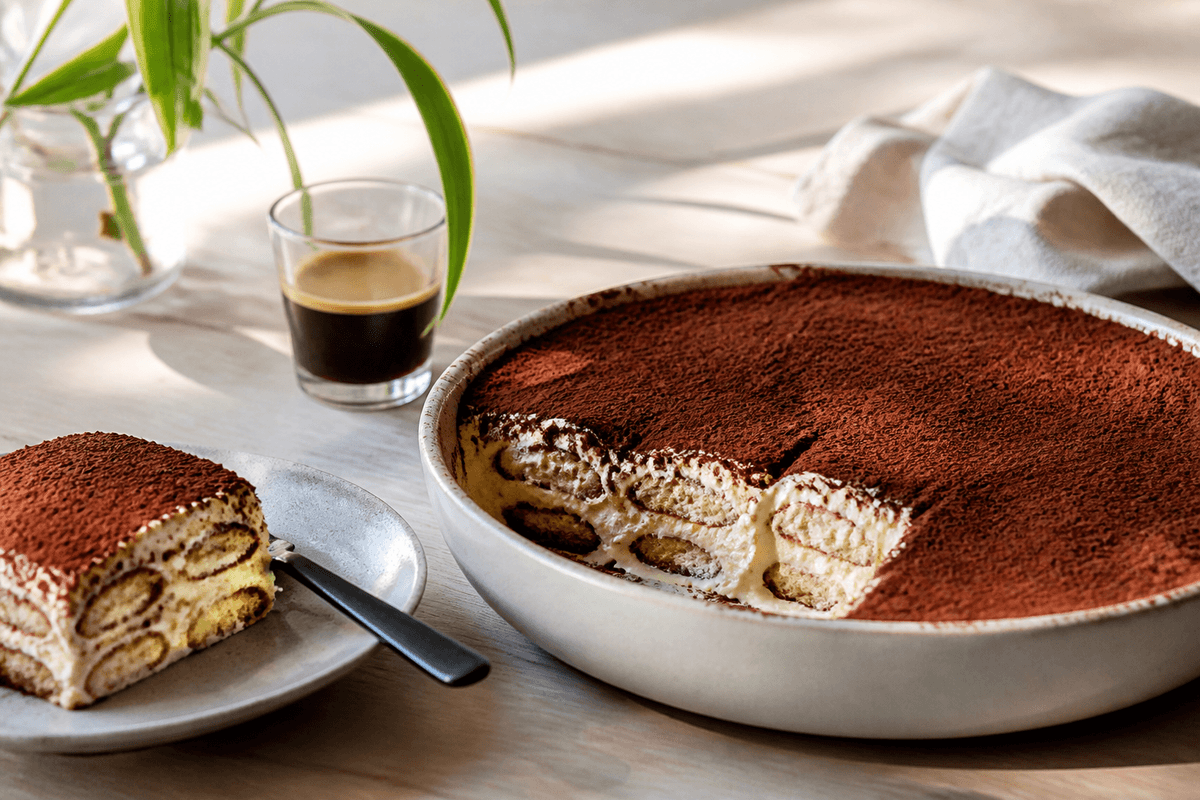 Tiramisu med espresso og mascarpone anrettet i Madblikkets lyse nordiske billedstil