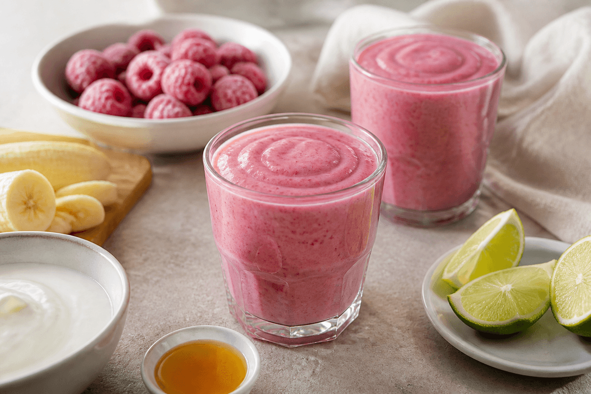 Hindbærsmoothie med vanilje anrettet i Madblikkets lyse nordiske billedstil