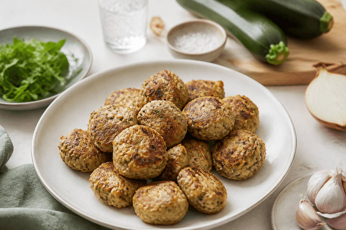 Kyllingefrikadeller med squash anrettet i Madblikkets lyse nordiske billedstil