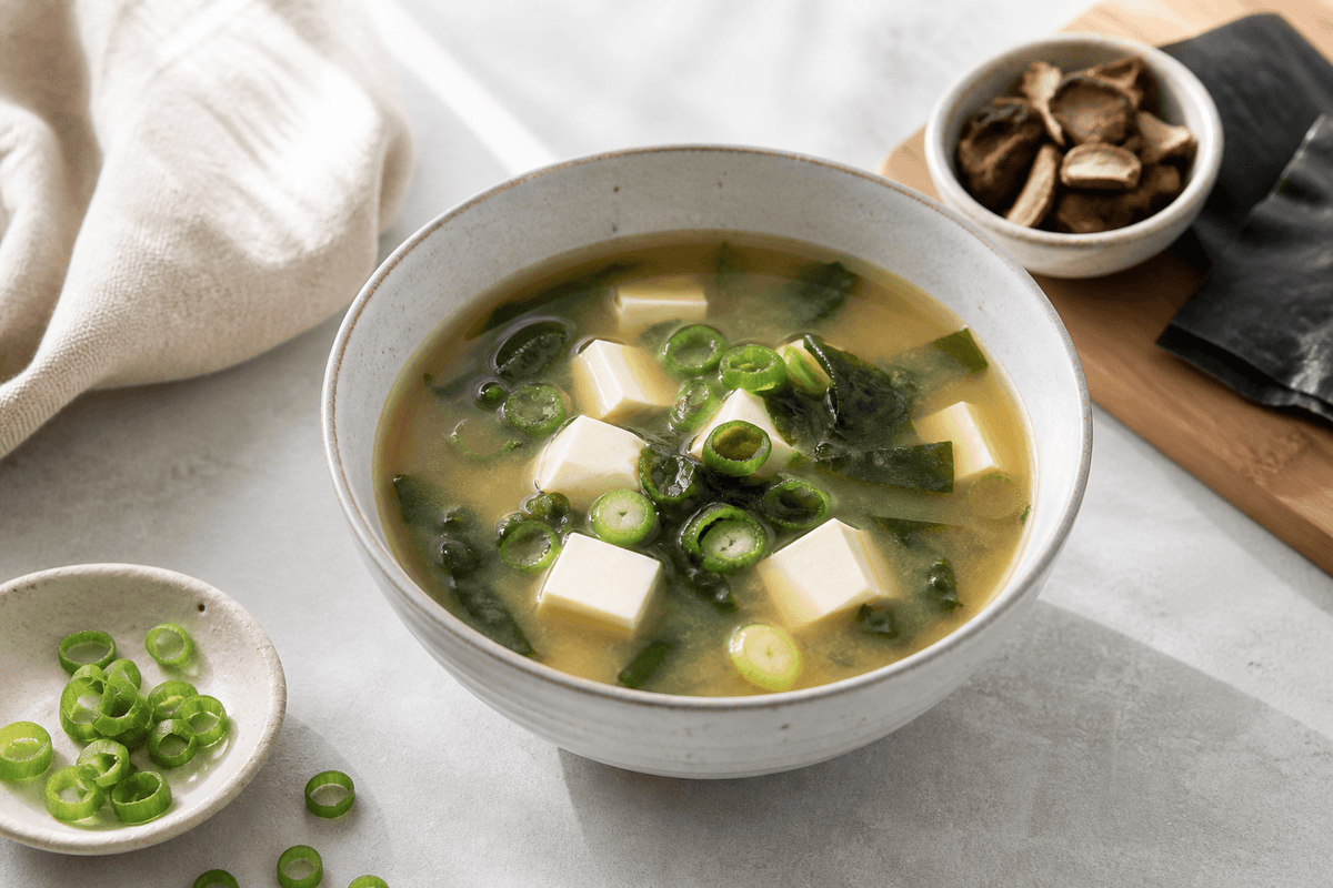 Misosuppe med tofu og wakame anrettet i Madblikkets lyse nordiske billedstil