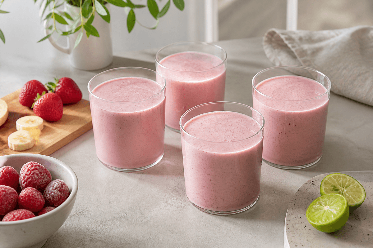 Jordbærsmoothie anrettet i Madblikkets lyse nordiske billedstil