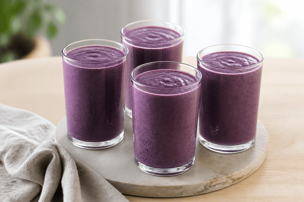 Blåbærsmoothie anrettet i Madblikkets lyse nordiske billedstil