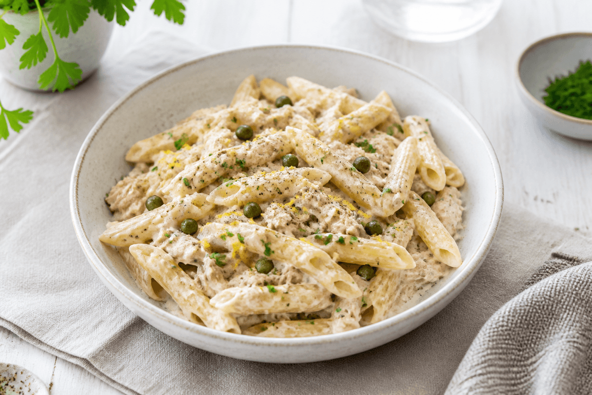 Pasta med tunsauce anrettet i Madblikkets lyse nordiske billedstil