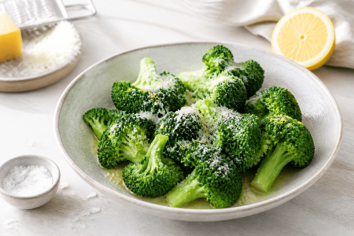 Dampet broccoli anrettet i Madblikkets lyse nordiske billedstil