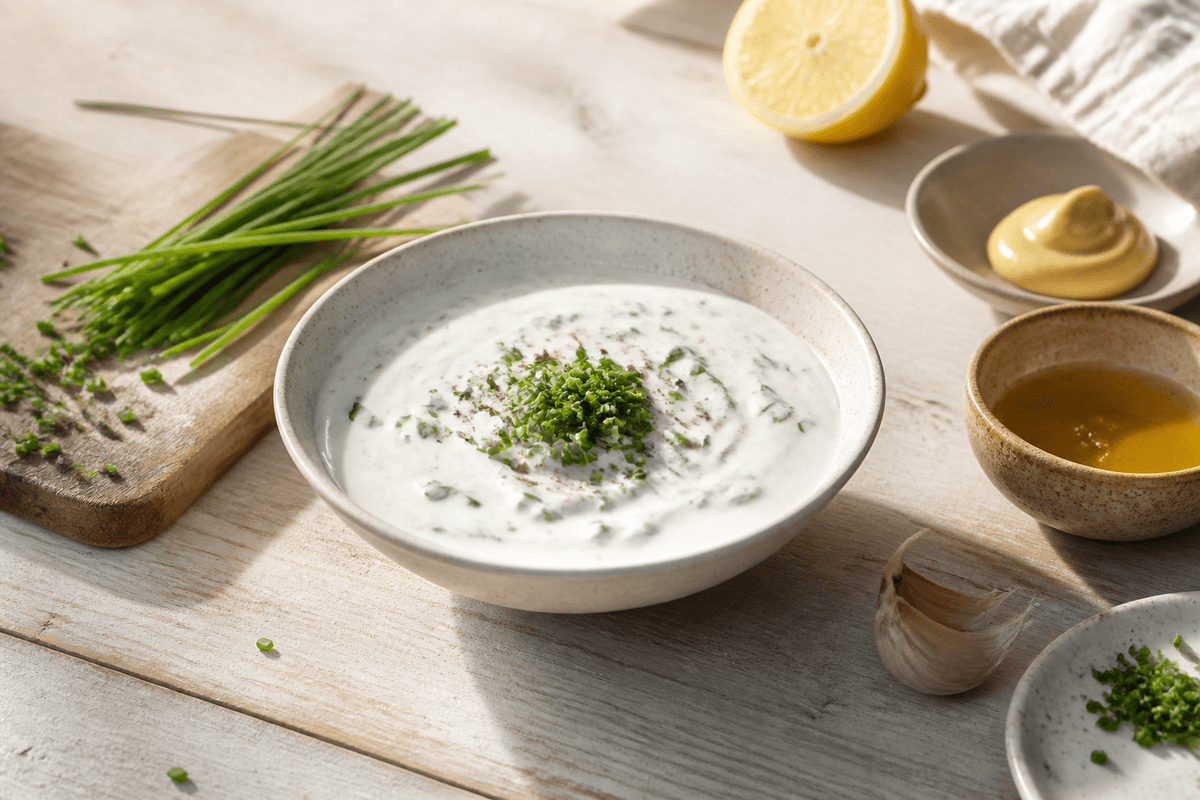 Cremefraiche-dressing anrettet i Madblikkets lyse nordiske billedstil
