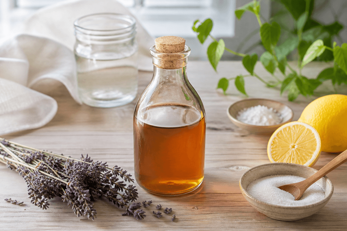 Lavendelsirup anrettet i Madblikkets lyse nordiske billedstil