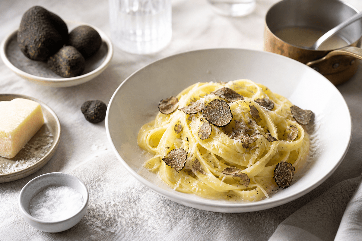 Pasta med trøffel anrettet i Madblikkets lyse nordiske billedstil