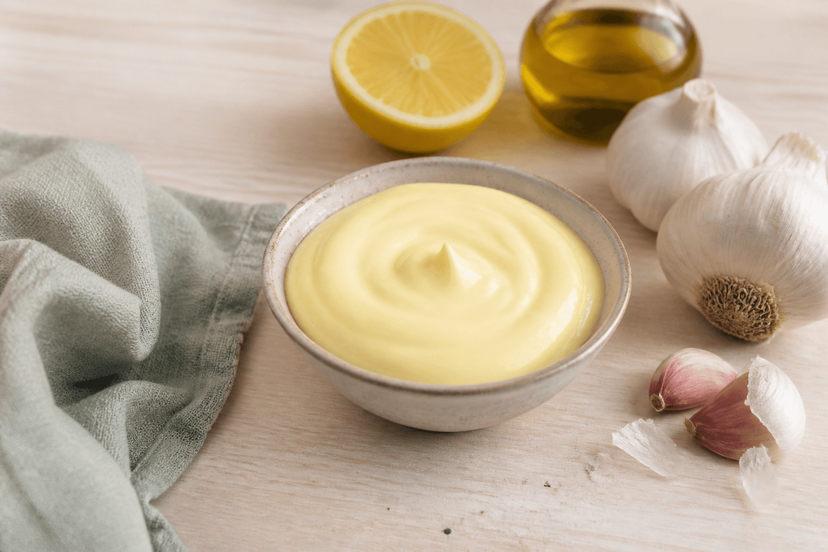 Hjemmelavet aioli anrettet i Madblikkets lyse nordiske billedstil