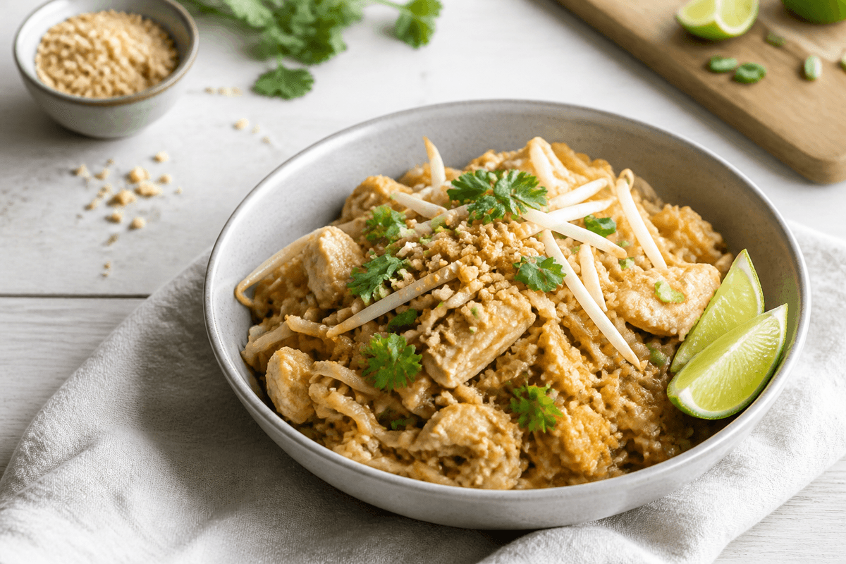 Pad thai anrettet i Madblikkets lyse nordiske billedstil