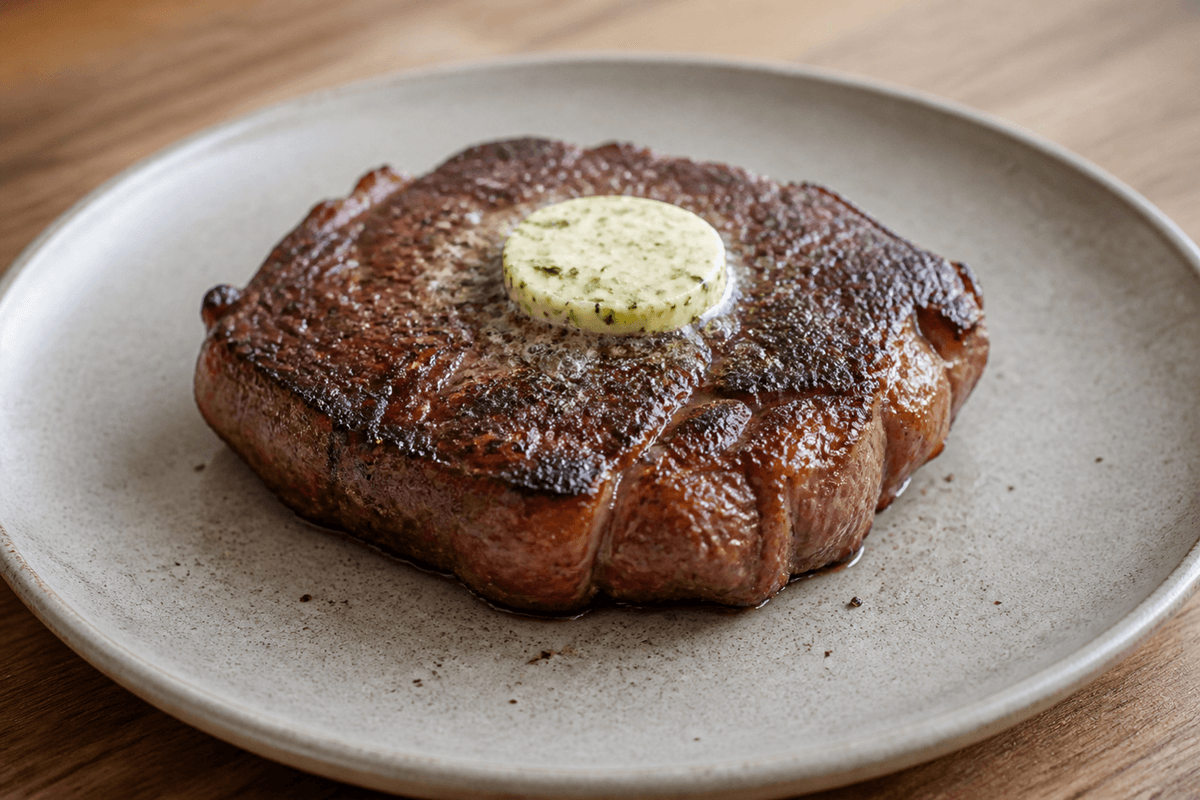 Entrecôte på grill anrettet i Madblikkets lyse nordiske billedstil
