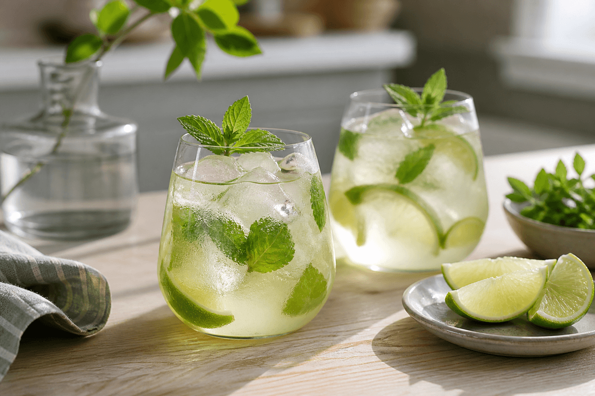 Hyldeblomstdrink anrettet i Madblikkets lyse nordiske billedstil