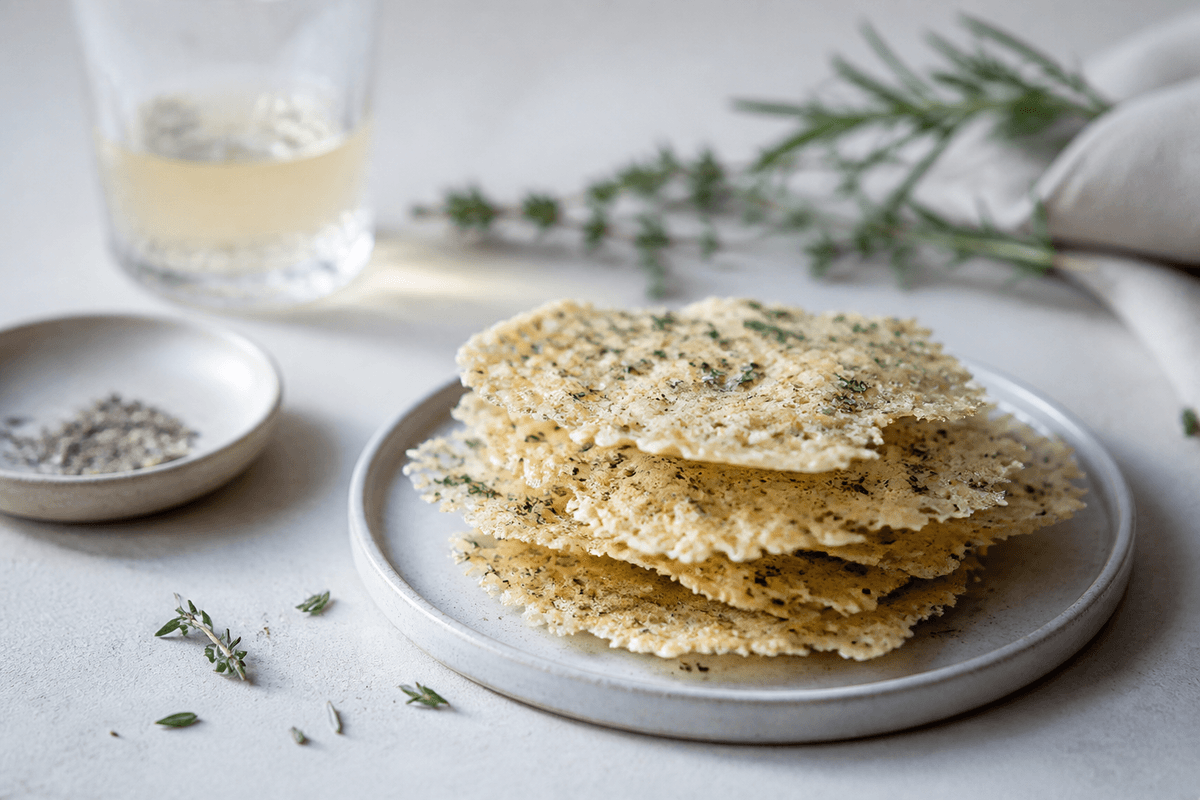 Parmesanchips med krydderurter anrettet i Madblikkets lyse nordiske billedstil