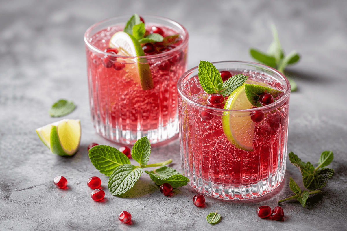 Nytårscocktail med granatæble og snaps anrettet i Madblikkets lyse nordiske billedstil