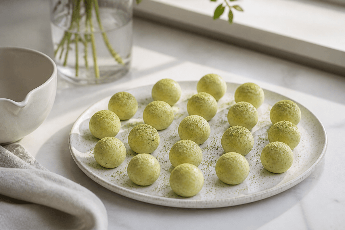 Matcha-trøfler anrettet i Madblikkets lyse nordiske billedstil