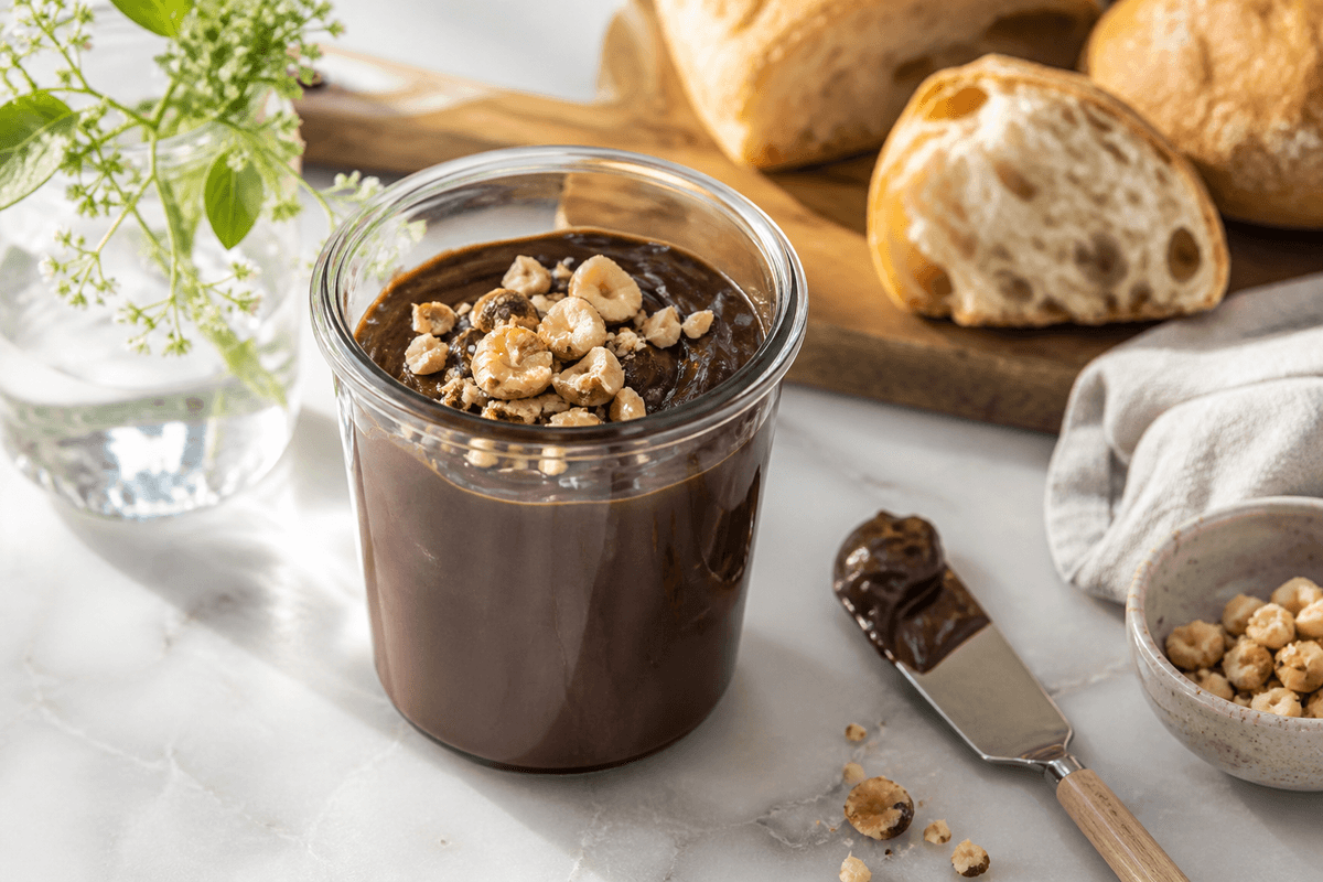 Chokoladesmør med hasselnøddeknas anrettet i Madblikkets lyse nordiske billedstil