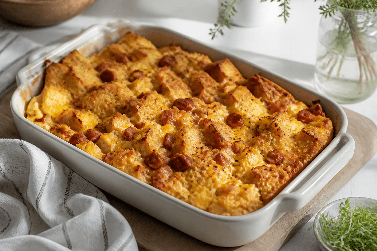 Strata med æg og chorizo anrettet i Madblikkets lyse nordiske billedstil
