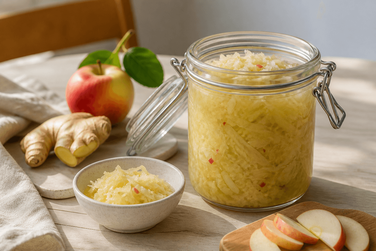 Fermenteret kål med ingefær og æble - kraut anrettet i Madblikkets lyse nordiske billedstil