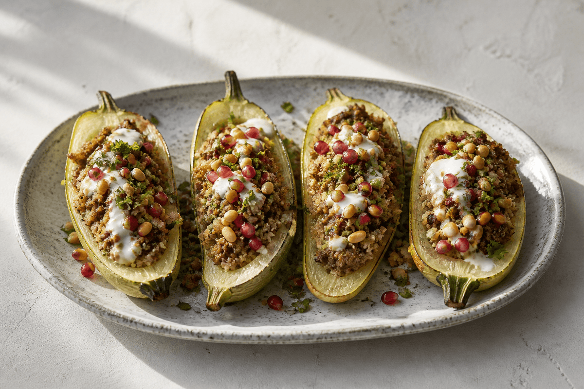 Farserede squash med bulgur anrettet i Madblikkets lyse nordiske billedstil