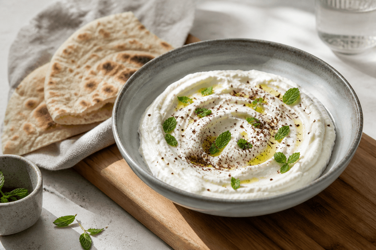 Labneh - mellemøstlig friskost anrettet i Madblikkets lyse nordiske billedstil