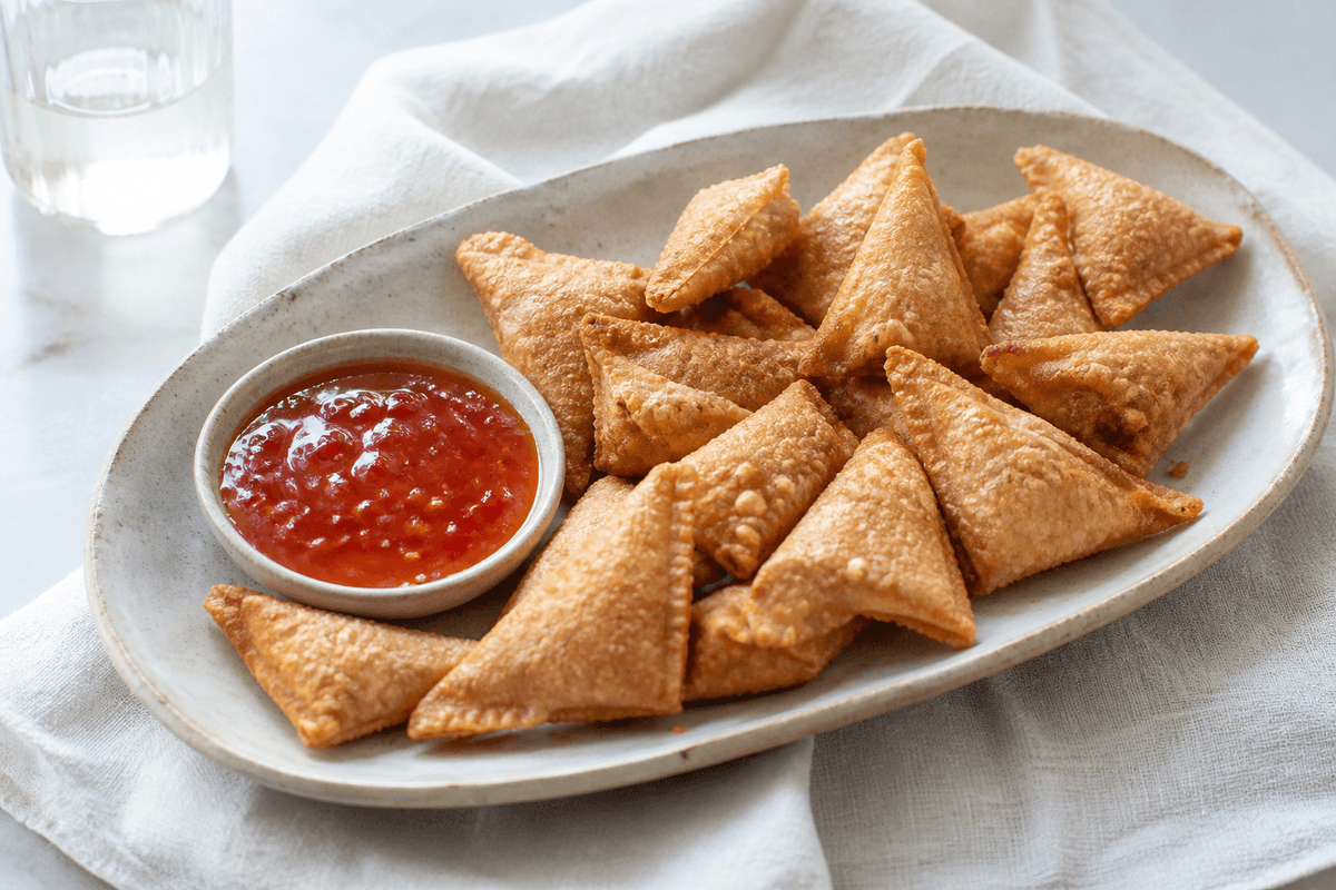 Sprøde wontons anrettet i Madblikkets lyse nordiske billedstil