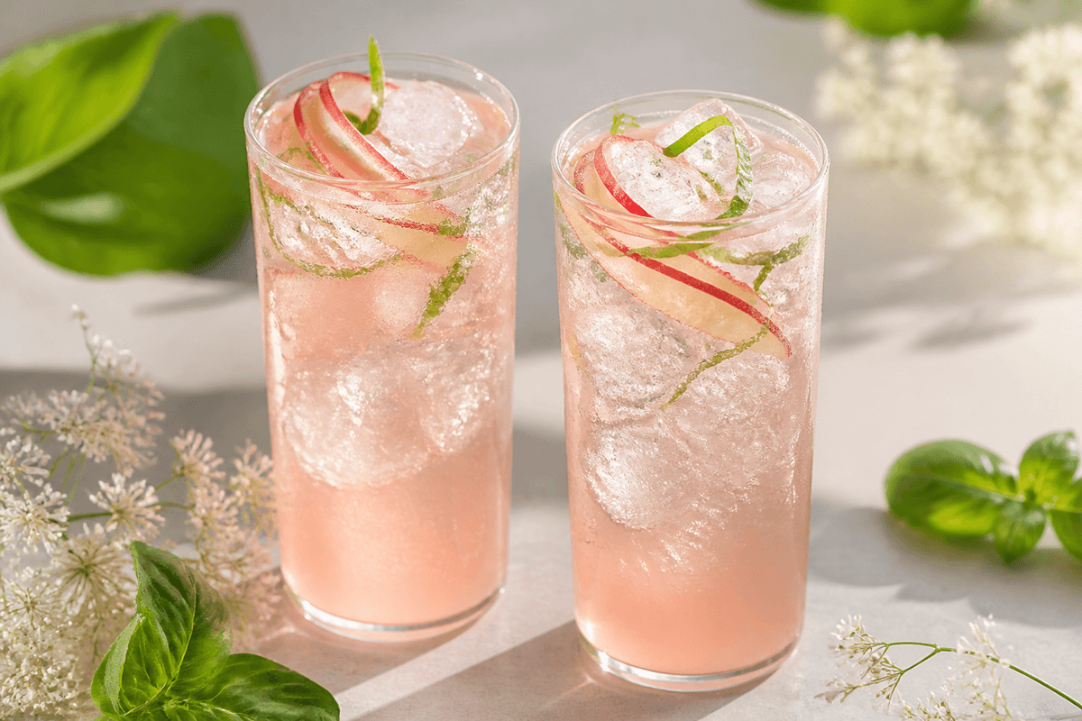 Rabarber-hyldeblomstcocktail med basilikum anrettet i Madblikkets lyse nordiske billedstil