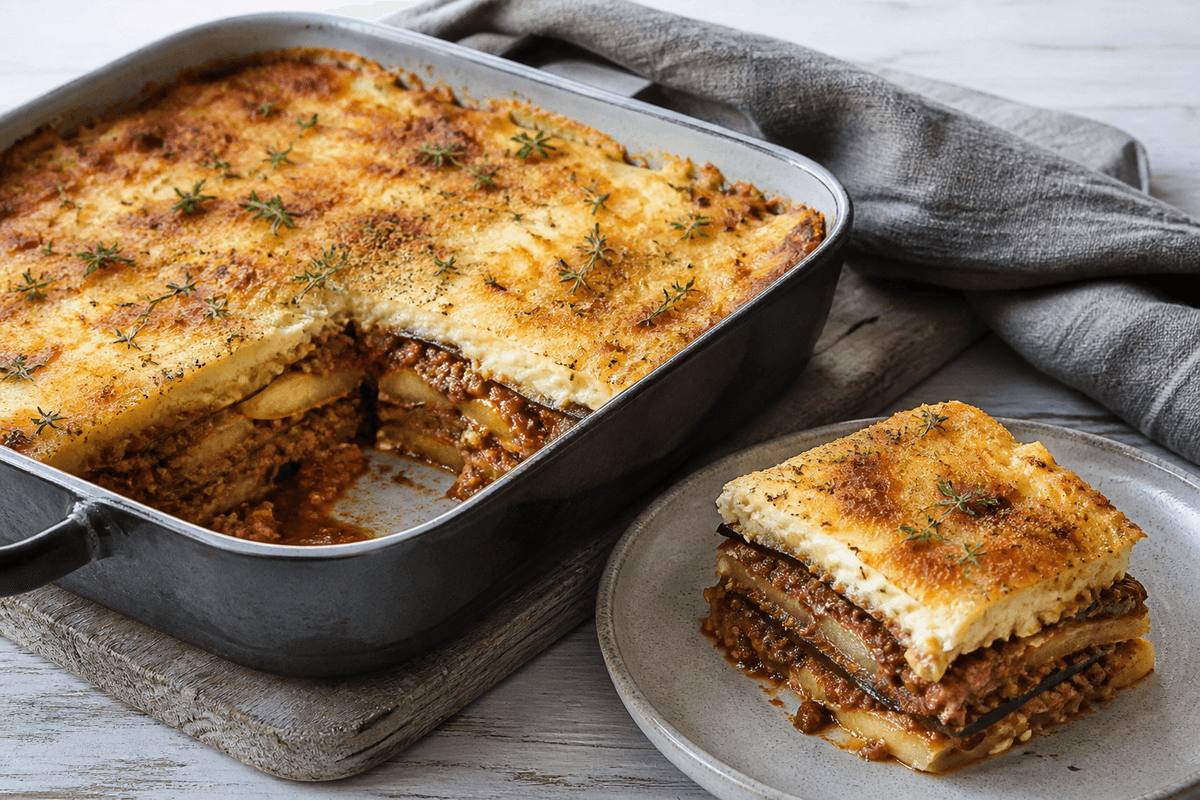 Moussaka med kartofler og aubergine anrettet i Madblikkets lyse nordiske billedstil