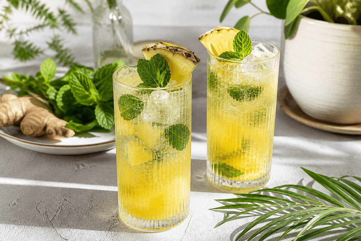 Ananasmojito med ingefær og mynte anrettet i Madblikkets lyse nordiske billedstil