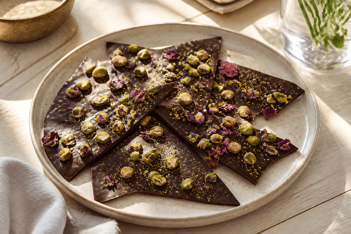Chokoladebrud med pistaciekerner anrettet i Madblikkets lyse nordiske billedstil