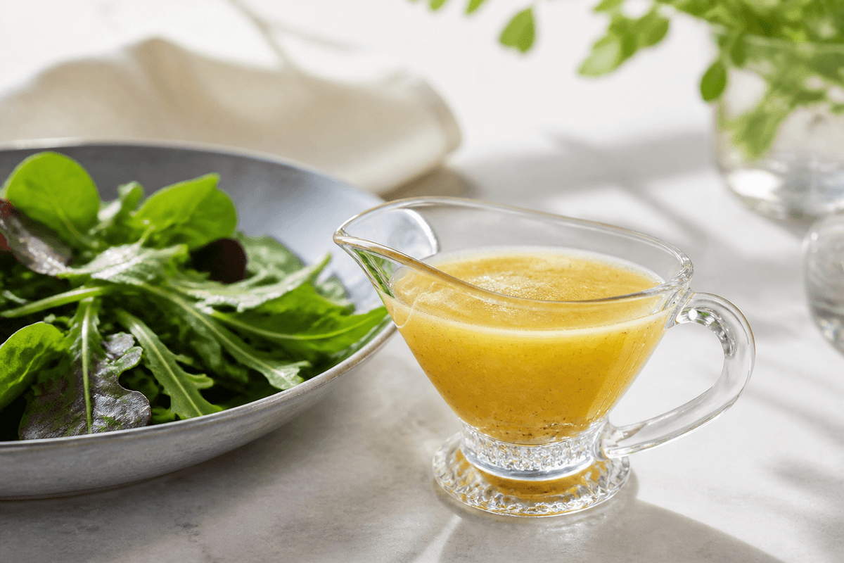Vinaigrette dressing til salat anrettet i Madblikkets lyse nordiske billedstil