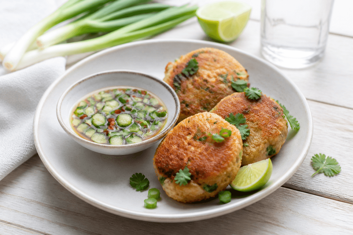 Thai fiskefrikadeller anrettet i Madblikkets lyse nordiske billedstil