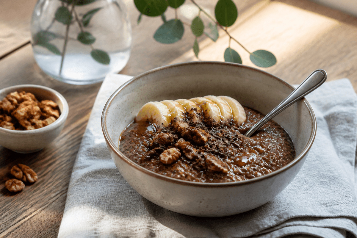 Chokolade Chiagrød anrettet i Madblikkets lyse nordiske billedstil