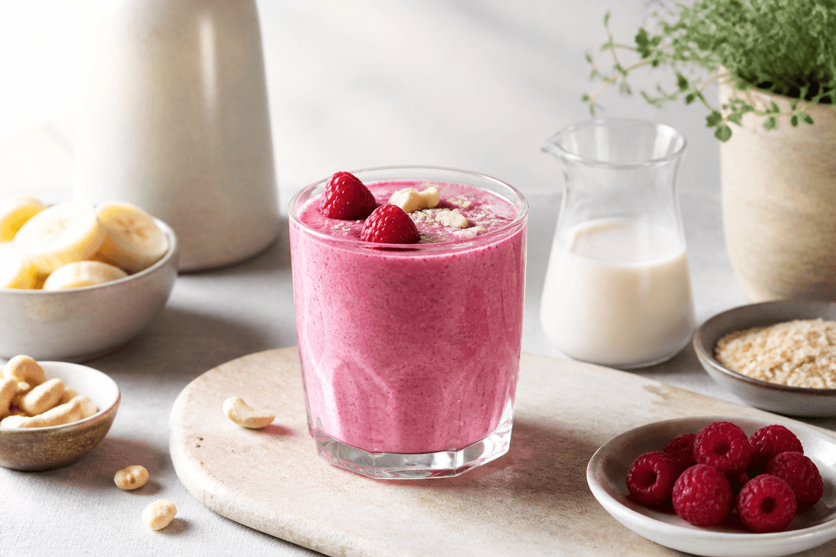 Hindbær og cashew smoothie anrettet i Madblikkets lyse nordiske billedstil