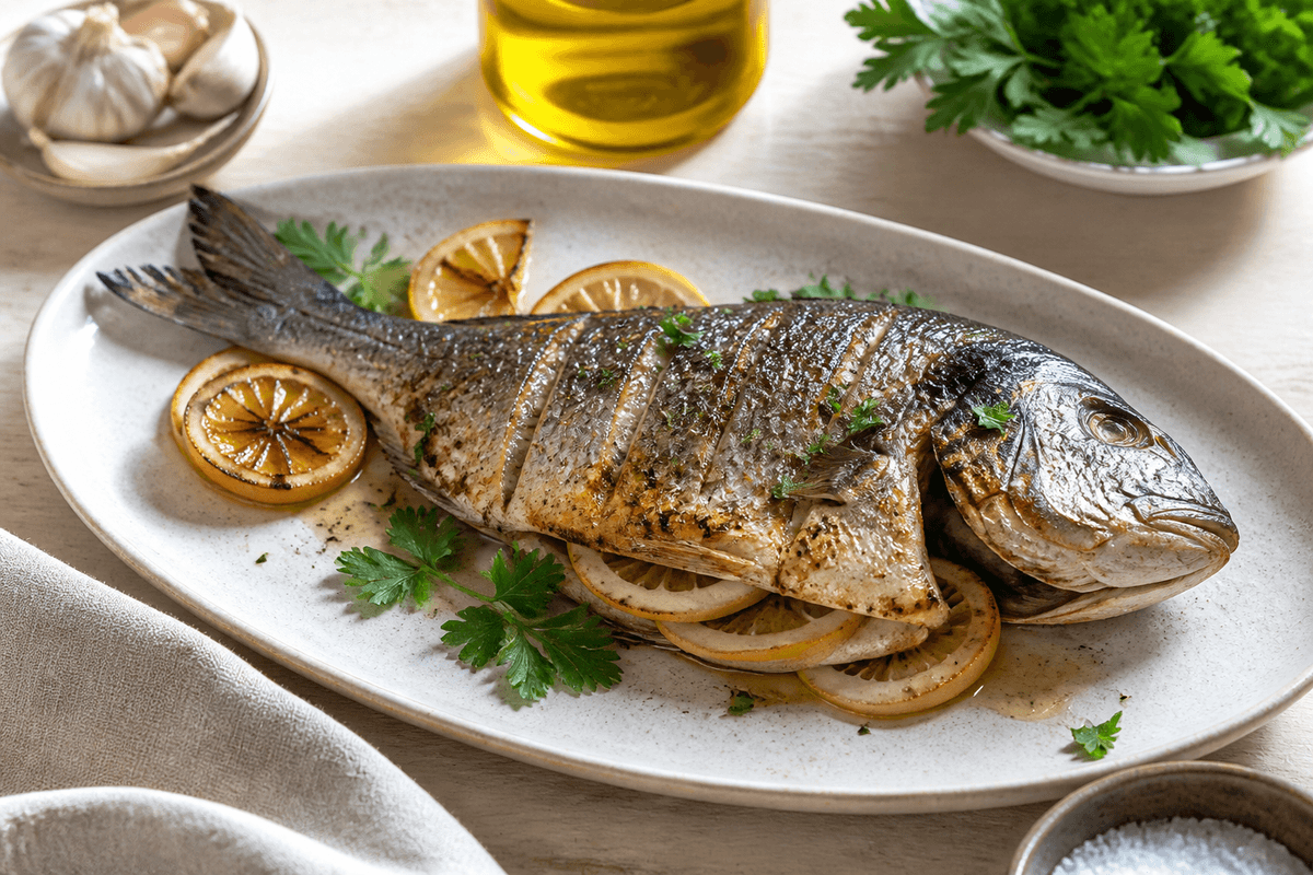 Dorader på grillen anrettet i Madblikkets lyse nordiske billedstil
