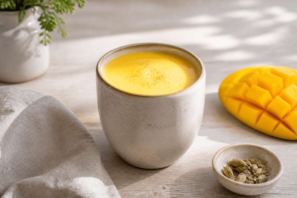 Mango Lassi anrettet i Madblikkets lyse nordiske billedstil