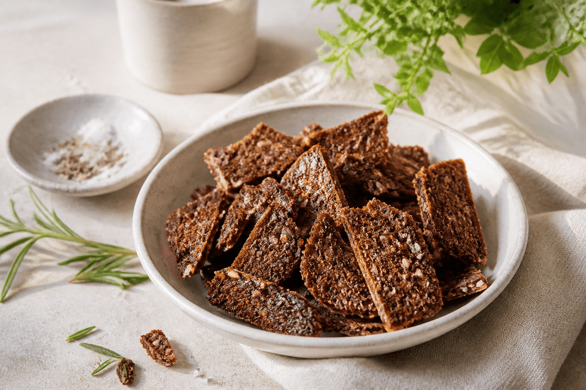 Rugbrødschips anrettet i Madblikkets lyse nordiske billedstil