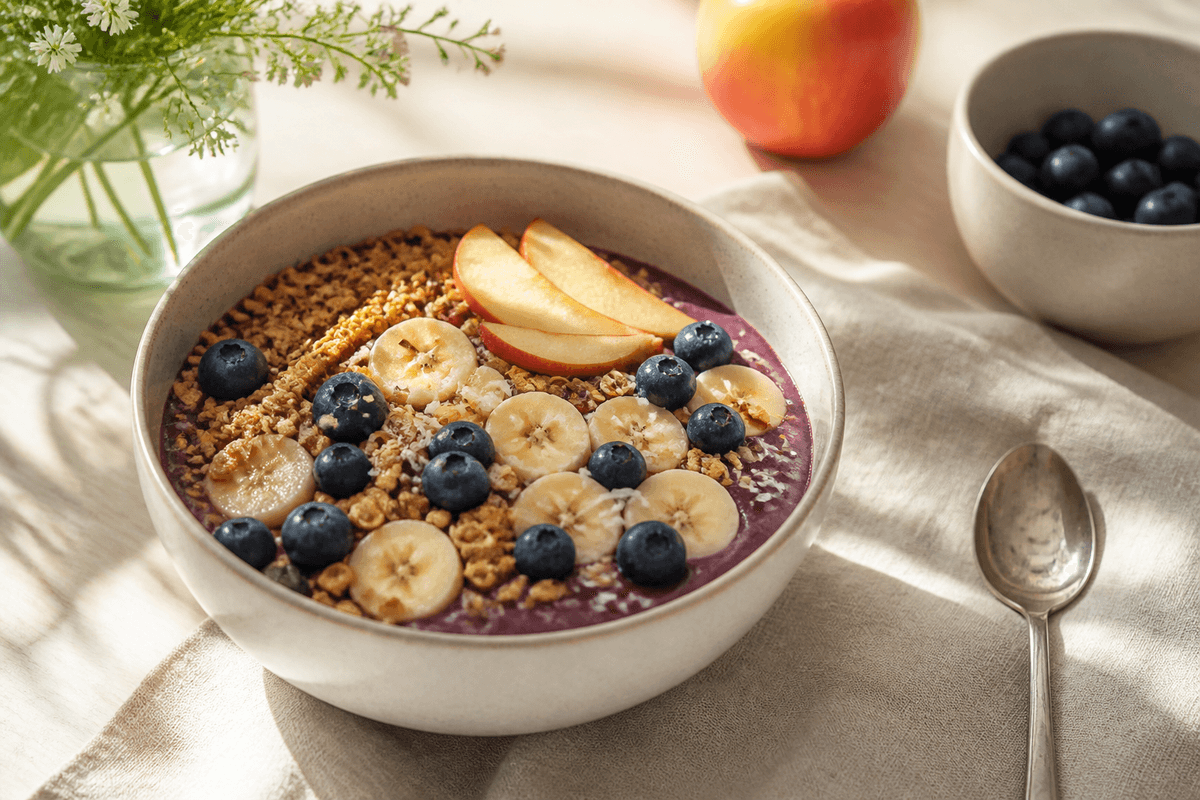 Acai bowl anrettet i Madblikkets lyse nordiske billedstil