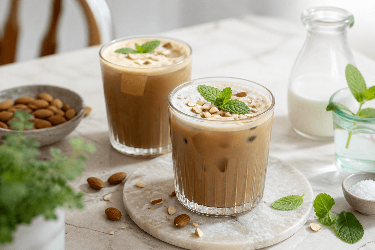 Iskaffe - med myntesirup og mandler anrettet i Madblikkets lyse nordiske billedstil