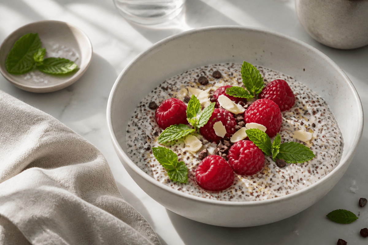 Quinoa morgengrød med mynte og hindbær anrettet i Madblikkets lyse nordiske billedstil
