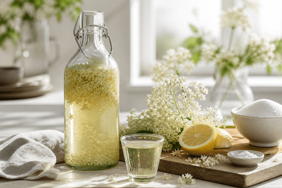 Hyldeblomst vodka anrettet i Madblikkets lyse nordiske billedstil
