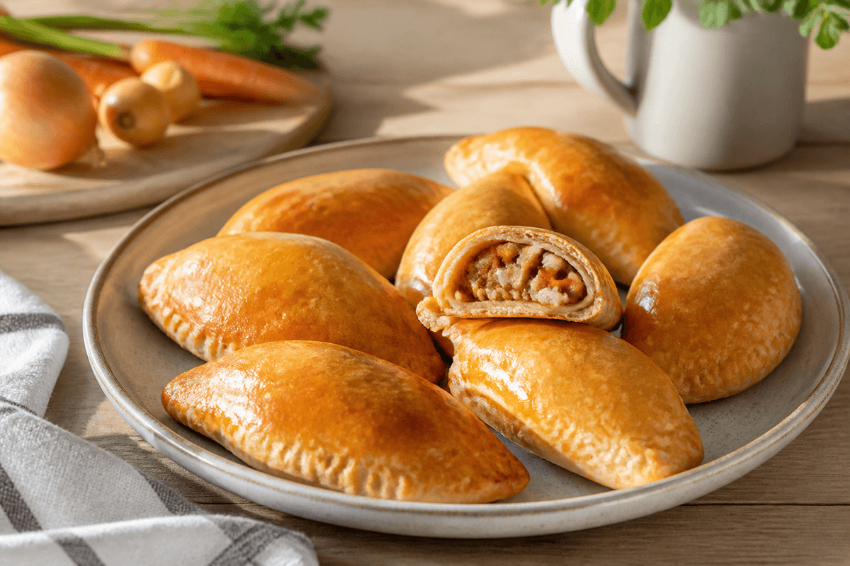 Pirogger med oksekød og grøntsager anrettet i Madblikkets lyse nordiske billedstil