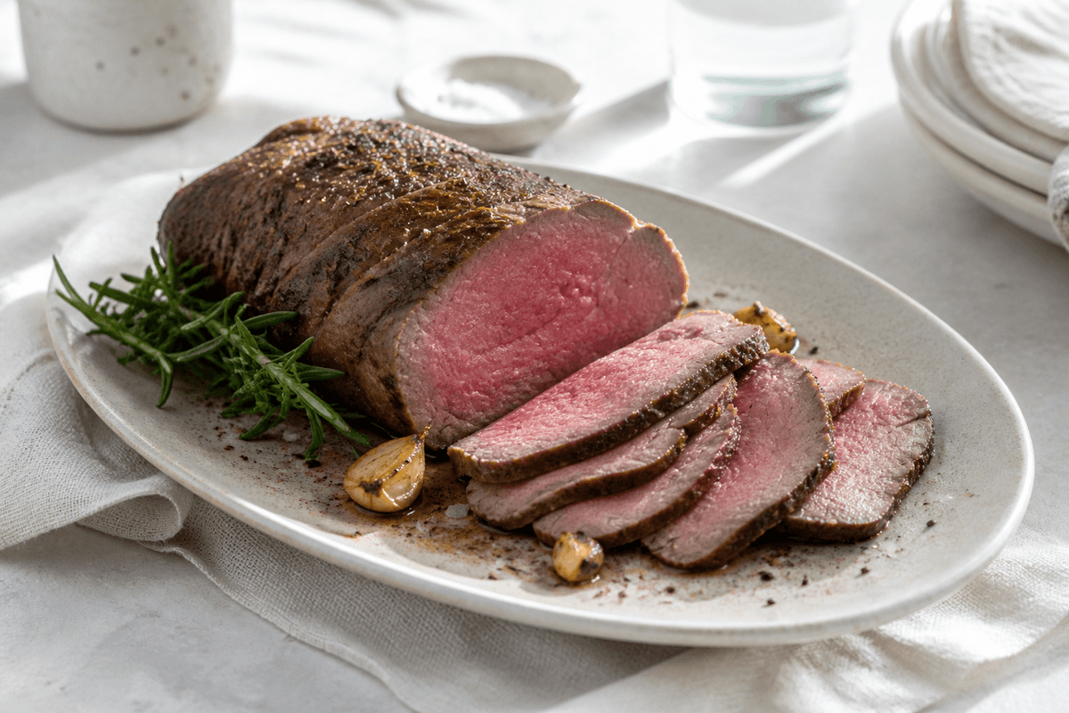 Roastbeef - perfekt tilberedt anrettet i Madblikkets lyse nordiske billedstil