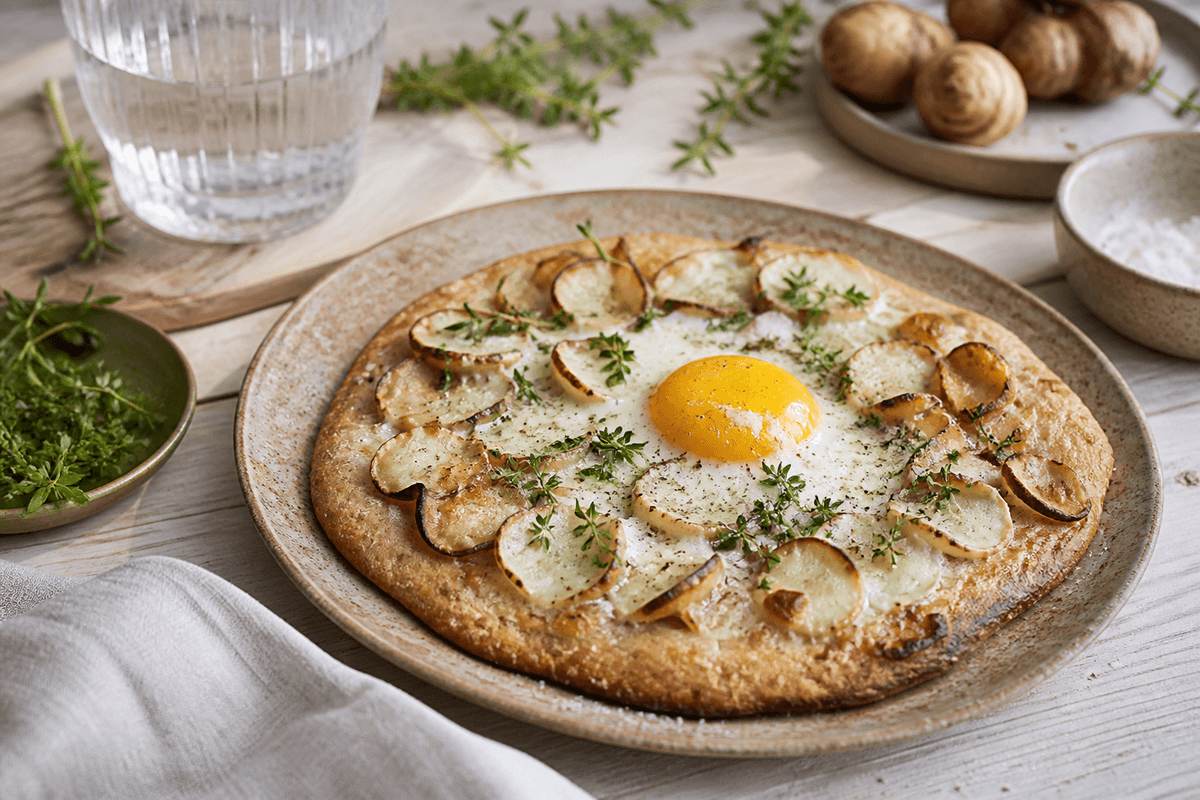 Rugpizza med jordskokker, timian og æg anrettet i Madblikkets lyse nordiske billedstil