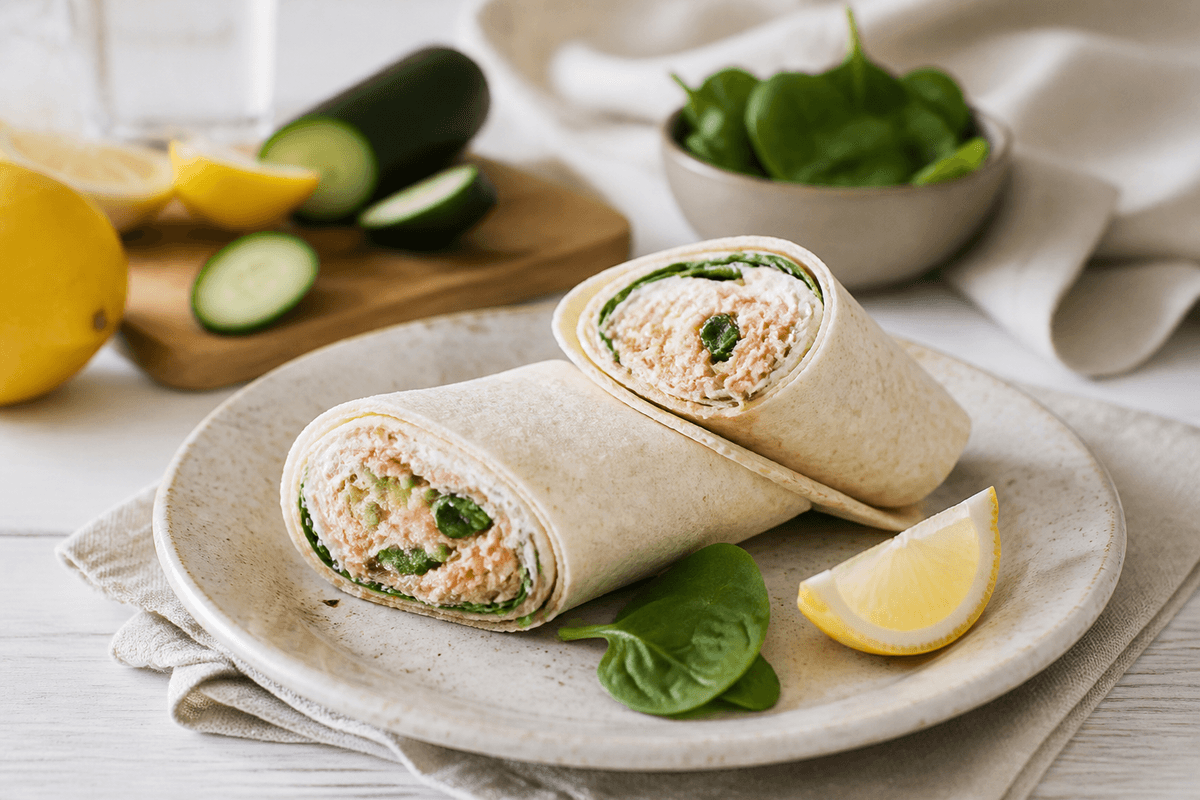 Wraps med varmrøget laks anrettet i Madblikkets lyse nordiske billedstil