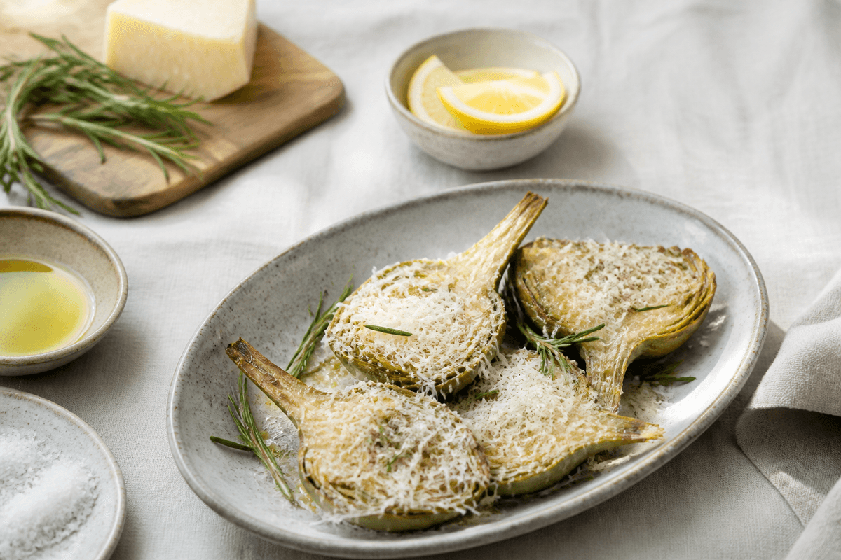 Gratinerede artiskokker med parmesan og rosmarin anrettet i Madblikkets lyse nordiske billedstil