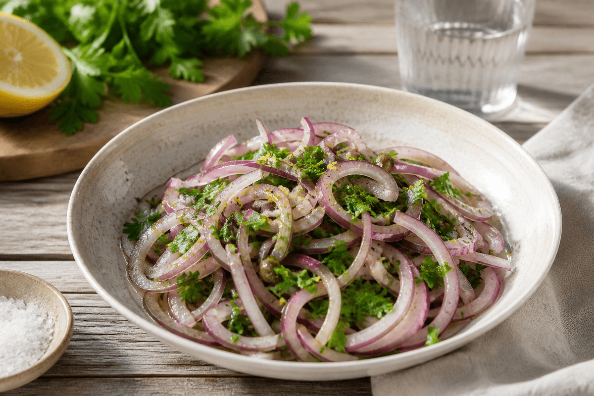 Løgsalat anrettet i Madblikkets lyse nordiske billedstil