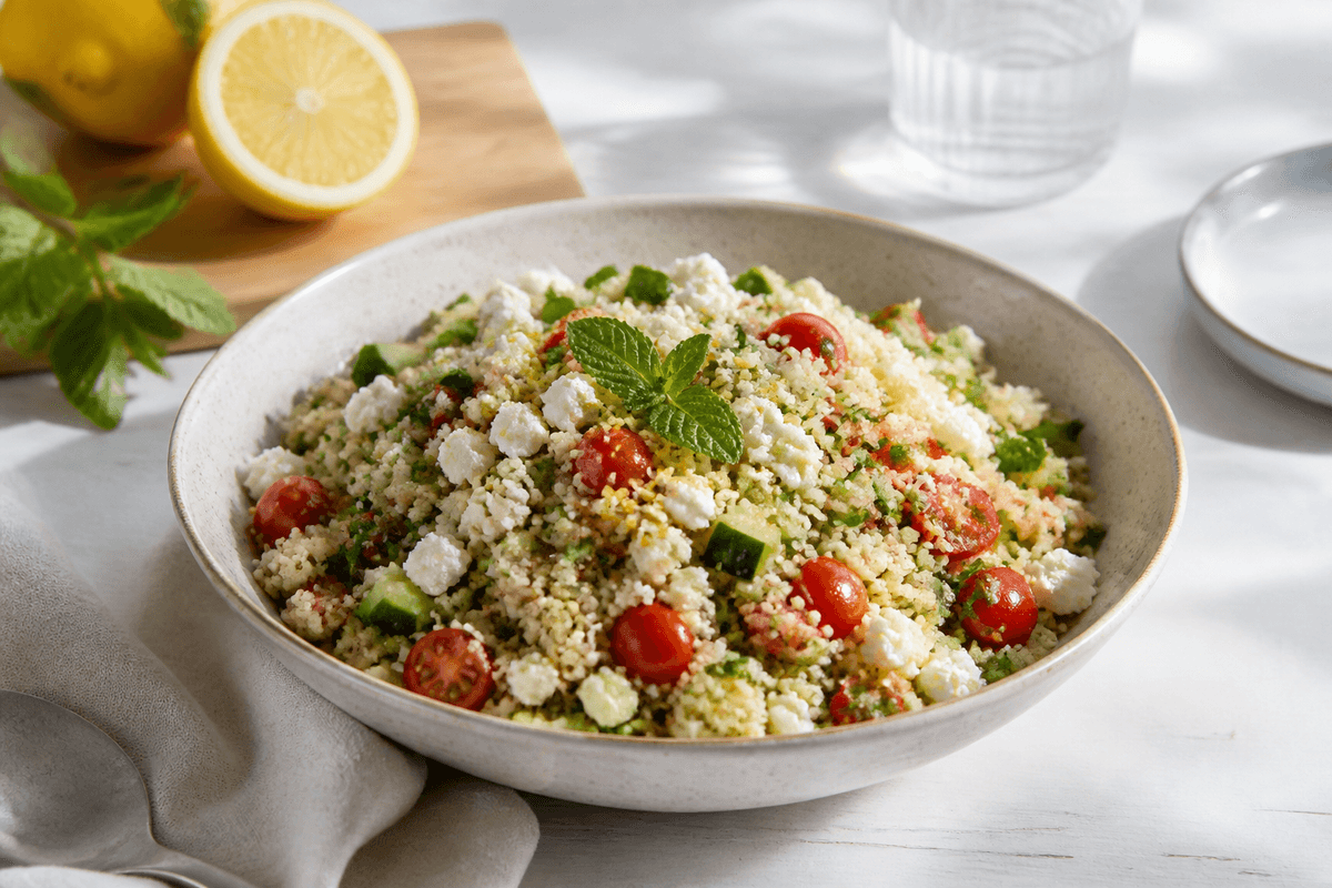 Couscous salat anrettet i Madblikkets lyse nordiske billedstil