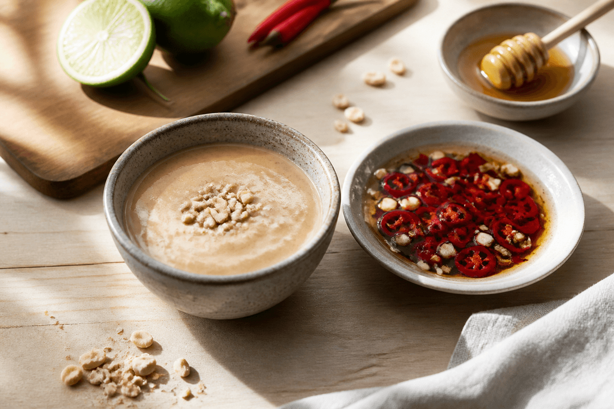 Peanut sauce og sød/sur chili dip anrettet i Madblikkets lyse nordiske billedstil