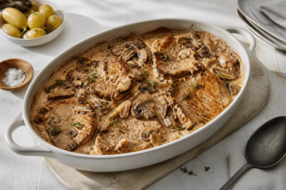 Koteletter og champignon i fad anrettet i Madblikkets lyse nordiske billedstil