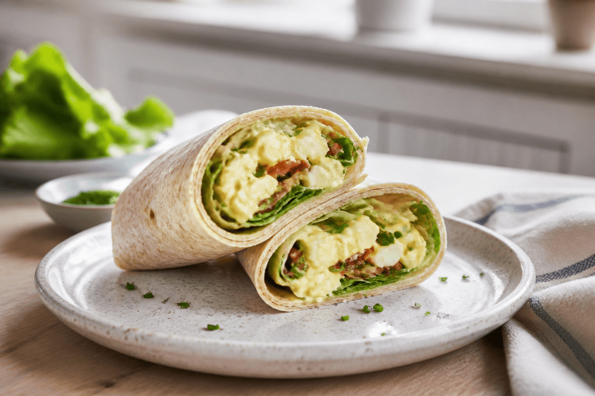Wraps med æggesalat anrettet i Madblikkets lyse nordiske billedstil