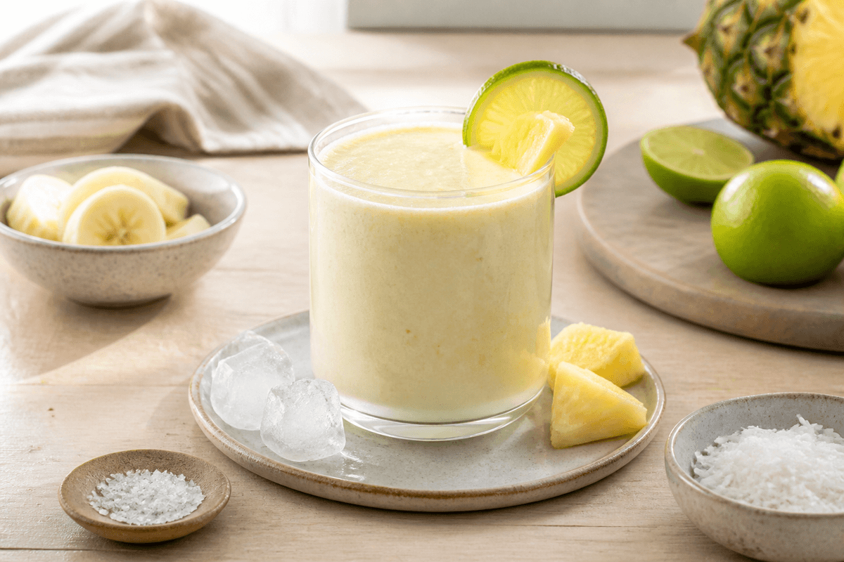 Pina Colada Smoothie - uden alkohol anrettet i Madblikkets lyse nordiske billedstil